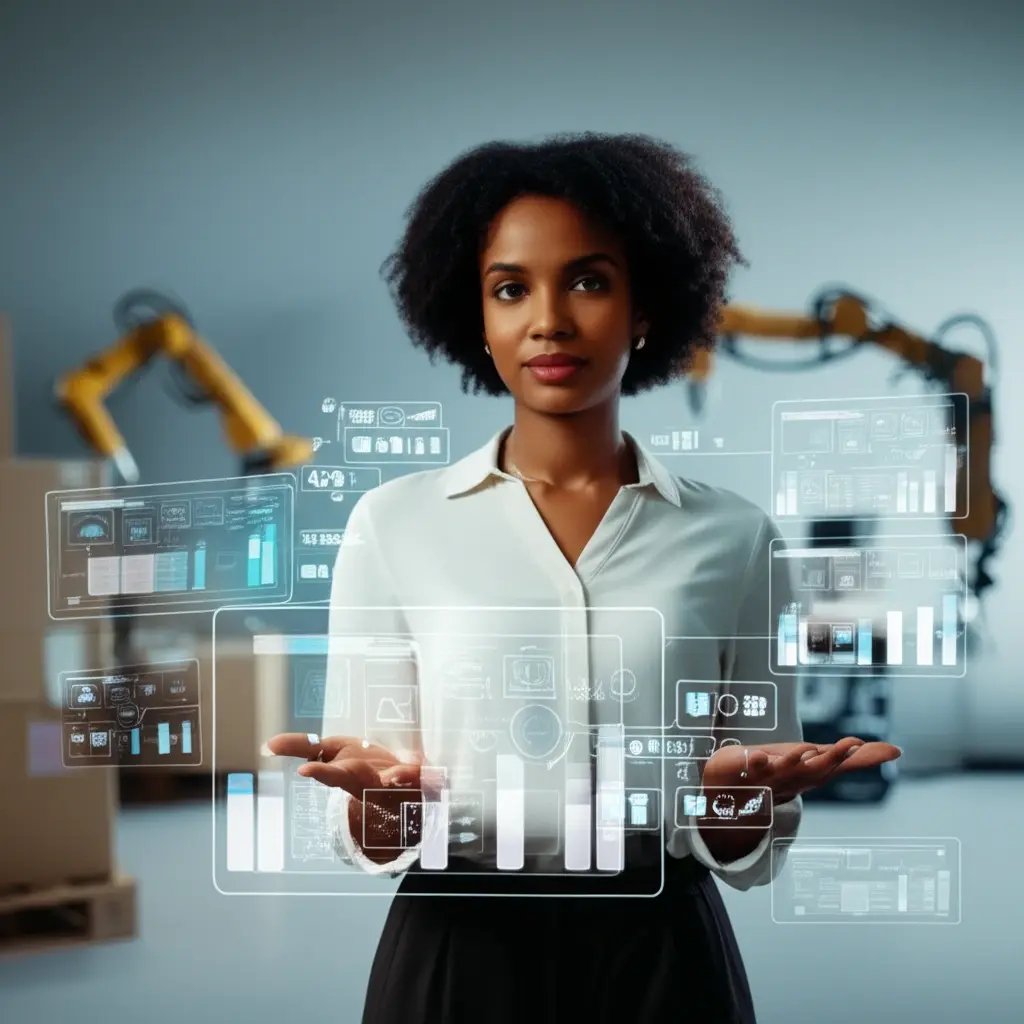 Composed operations manager overseeing streamlined e-commerce fulfillment with automated data streams in Ocean Blue, Sky Blue, and Dark Navy. Represents efficient product management, order processing, and customer support for online stores."