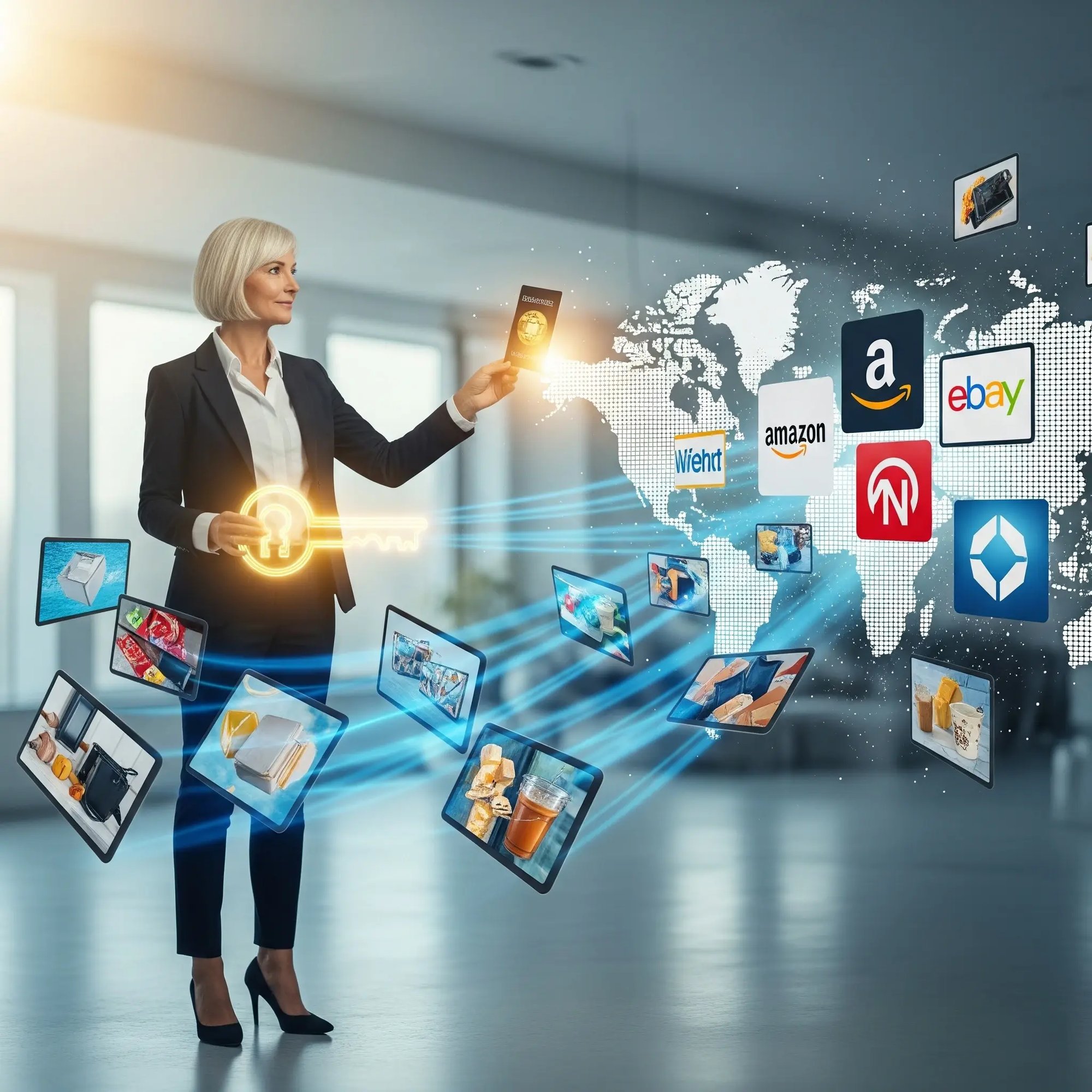 Business owner expanding e-commerce sales to global marketplaces like Amazon and eBay for increased market reach. Business owner expanding e-commerce sales to global marketplaces like Amazon and eBay for increased market reach.