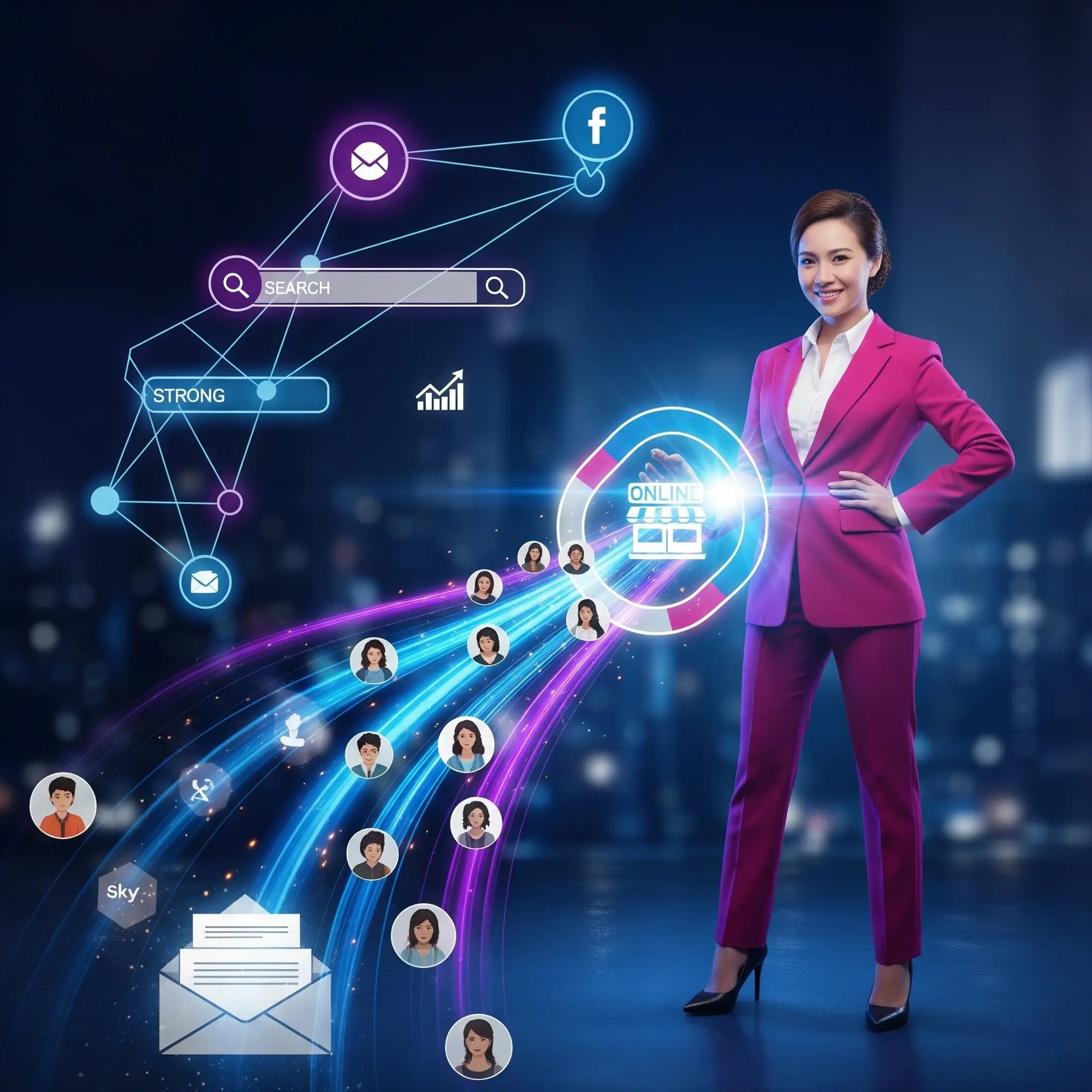Dynamic marketing professional attracting new customers to an online store with glowing digital effects in Deep Purple, Strong Blue, and Ocean Blue. Symbolizes targeted traffic, SEO, PPC advertising, social media, and email marketing for sales growth.