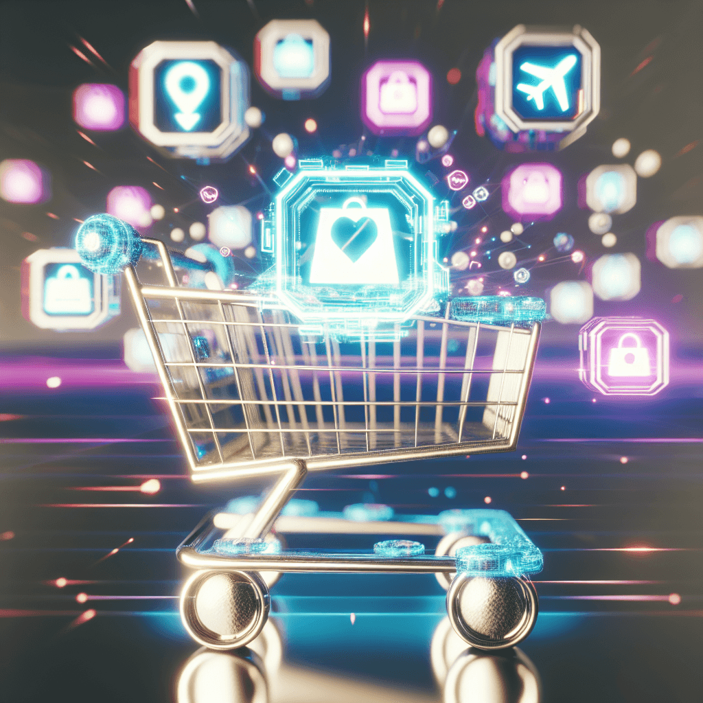 A futuristic shopping cart filled with digital ico