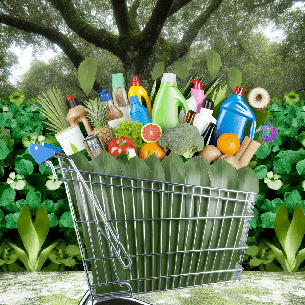 A shopping cart filled with eco-friendly products,