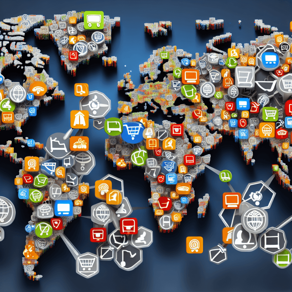 An image of a world map with various e-commerce ic